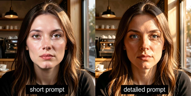 Side-by-side comparison of two AI-generated portraits showing the same woman placed into a coffee-shop scene, the left labeled 'short prompt' with a noticeably altered face that looks pasted on, the right labeled 'detailed prompt' with the original facial features preserved, shot at eye level against a warm window-lit cafe background, soft directional daylight from the right with gentle shadow on the cheekbone, photorealistic editorial mood with crisp detail on the eyes and skin texture.