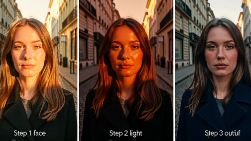 Three vertical image panels arranged side by side showing the same woman, panel one labeled 'Step 1 face' with her original face newly transferred onto a city street scene, panel two labeled 'Step 2 light' with warmer evening light blended onto her skin, panel three labeled 'Step 3 outfit' with a navy coat added while the face stays identical, shot eye level on a quiet European street, soft golden-hour sun raking from camera left producing gentle skin highlights, clean editorial color grading.