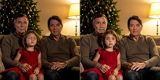 A real family group photo of four people sitting on a living room sofa with a Christmas tree visible behind them. The youngest child, a four-year-old girl in a red dress, has her eyes closed on the left half of the image. On the right half of the same image, her eyes are open and looking directly at the camera, with the rest of the family unchanged. A faint vertical seam down the middle marks the before-and-after split. Warm tungsten lamp light from the upper right falls softly on faces, casting gentle shadows under the chin. Cozy evening atmosphere, candid editorial photography style.