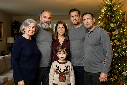 A multi-generational family portrait of five people standing close together in front of a decorated Christmas tree in a warm living room: a grey-haired grandmother in a navy sweater on the left, a bearded grandfather beside her, mother in a burgundy blouse, father in a grey shirt, and a small four-year-old child in the center wearing a knitted reindeer jumper. Each face is sharp and individually recognizable, indicating different reference photos were stitched together. Soft warm fairy-light glow from the tree on the right, ambient living room light from above, gentle shadows. Family memory atmosphere, natural editorial photography.