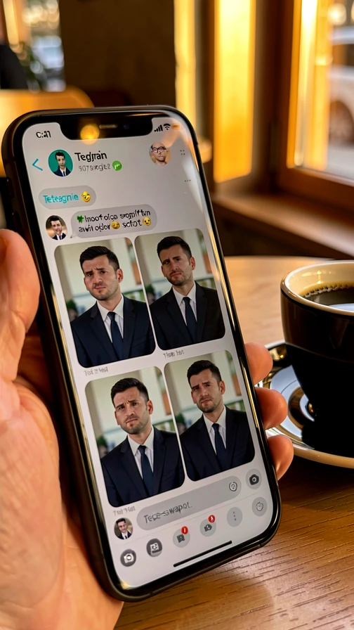A man's smartphone screen captured close-up showing a Telegram chat with a face-swap bot, four photo previews of the same male CEO portrait in dark suit arranged in a 2 by 2 grid inside the chat, slight variations in facial expression between the four. Setting: cafe table with a black coffee cup at the edge of the frame. Lighting: warm afternoon window light from the right, soft and golden, gentle glow on the phone screen, slight reflection on the cup. Atmosphere casual mobile workflow, realistic photography, shallow depth of field.