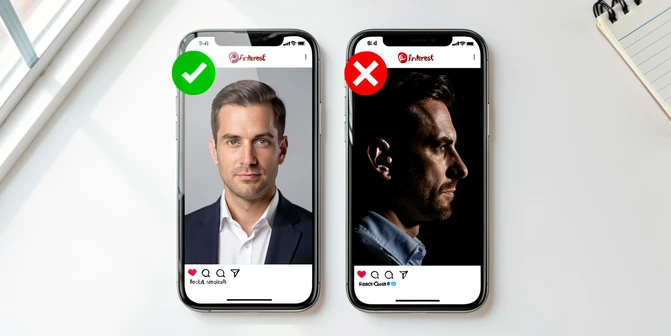 Two Pinterest pins of male portraits displayed side by side on a phone screen, the left pin showing a front-facing CEO portrait in soft even studio light with crisp facial features, the right pin showing the same man in deep side profile with harsh shadow cutting across half the face. A green check mark hovers over the left pin and a red cross over the right. Setting: clean white desk with a small notepad in the corner. Lighting: bright window light from the left, soft, neutral white temperature, gentle reflection on the phone glass. Atmosphere editorial and practical, sharp focus on both pins.