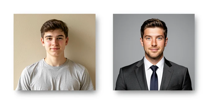 Side by side comparison of two square portraits of the same young man, the left portrait casual everyday photo in plain T-shirt against a beige wall, the right portrait the same face mapped onto a Pinterest CEO style image in a charcoal suit with a clean grey studio backdrop. Setting: minimal flat layout on white surface. Lighting: even soft daylight from above, neutral white temperature, subtle drop shadows under both portraits. Atmosphere clean editorial before and after, sharp focus, realistic skin texture preserved.