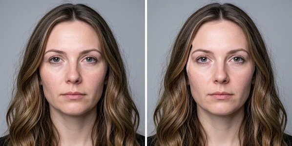A side-by-side before-and-after comparison of a face swap on a studio portrait, the left frame showing the original woman with long wavy hair and the right frame showing the same pose after a ReActor swap where a visible mismatch runs along the hairline. Set in a plain neutral photo studio against a soft grey backdrop. Fine detail on the slightly blurred seam where the transplanted face meets the original hair, with visible skin pores and stray hair strands. Soft diffused frontal key light from a large softbox, cool neutral white balance, gentle falloff across the cheeks. A clinical, documentary atmosphere.