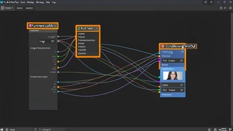 A ComfyUI node graph screenshot for a FLUX Kontext face swap workflow, with two nodes highlighted by bright orange outlines and labels reading "Put it here LoRA" and "ConditioningZeroOut". Connecting wires fan out across a dark canvas linking image-loading and sampling nodes. Set against the standard dark grey ComfyUI editor background. Crisp readable node titles, coloured socket dots, and a small face-preview thumbnail inside one node. Even flat UI lighting with no shadows and a cool screen glow. A technical, focused workflow atmosphere.