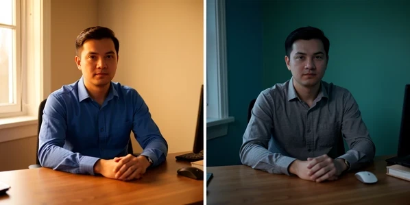 A side-by-side before-and-after comparison of a Qwen Image Edit head swap, the left frame showing a man in a blue shirt seated at a wooden desk and the right frame showing the swapped result where his pose has shifted, the shirt turned grey and the office wall behind him changed colour. Set in a small home office. Detail on the inconsistent desk objects and the altered shadow direction between the two frames. Soft warm window light from the left in the original, cooler and flatter light in the edited frame. A revealing, analytical atmosphere.