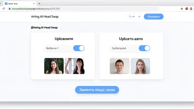 The Arting AI Head Swap web interface shown inside a browser window, displaying two side-by-side upload zones, one labelled for the target photo and one for the head source photo, with a prominent button reading "Заменить лицо сейчас" centered below them. Thumbnail previews of two portrait photos sit inside the upload areas. Bright even screen light illuminates the white interface with soft blue accent buttons. Cool neutral lighting, crisp and uncluttered, clean product screenshot style.