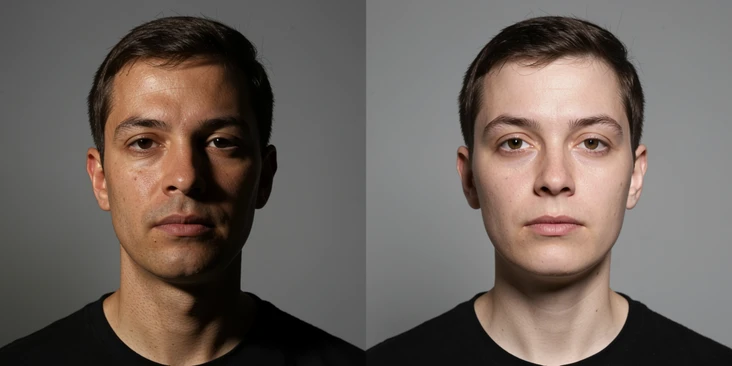 A side-by-side before-and-after comparison of a head swap result, the left frame showing a failed attempt where the inserted head has a mismatched skin tone contrasting sharply against the neck, the right frame showing a clean result with matching tone and even light. Both portraits show the same person against a plain grey studio background. Soft frontal lighting evenly fills the right frame, while a harsh uneven side shadow falls across the left. Instructional documentary photo style.