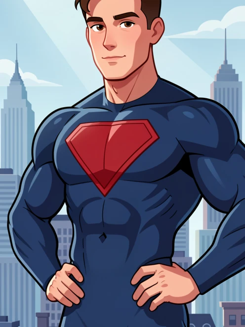 A young man's head and hairstyle being digitally placed onto a muscular superhero figure standing in a confident hero pose, set against a stylized city skyline on a web tool canvas. The costume is deep blue with a red chest emblem, and the swapped head blends naturally at the neckline with a matching skin tone. Soft cool daylight falls from the upper left, casting gentle shadows along the jaw and shoulders. Clean modern slightly playful editorial illustration style.