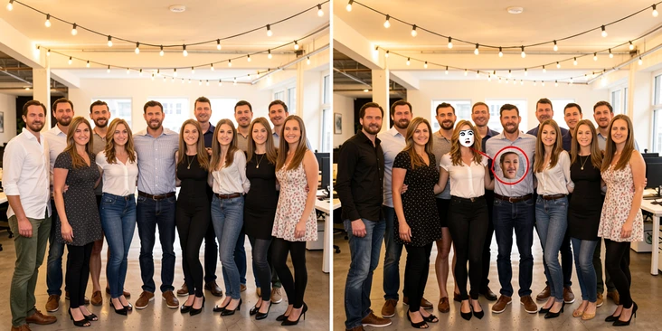 A side-by-side comparison of one group photo of twelve colleagues at an office party, the left frame original and the right frame after AI face swapping. Eleven faces are cleanly replaced while one person turned away from the camera keeps the original face, marked with a thin red circle. The setting is a bright open-plan office with warm string lights overhead. Even soft ceiling light keeps skin tones natural and warm across both frames. The atmosphere is candid yet analytical, like a documented test result.
