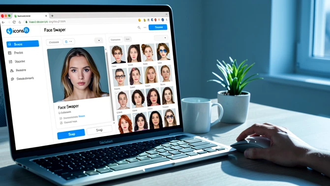 A web browser window displaying the Icons8 Face Swapper interface, showing an uploaded portrait photo in the left panel and a grid of AI-generated faces in the right gallery. A designer's hand rests on a wireless mouse, hovering over the blue swap button. The setting is a tidy modern office desk with a coffee mug and a small plant. The screen glows with a clean white UI and bright blue accents. Soft cool daylight from a side window falls across the keyboard, casting gentle low shadows. The atmosphere is focused and unhurried.