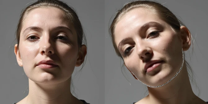 A close-up before-and-after comparison of a single portrait where the subject tilts their head more than forty-five degrees. The left frame shows a clean source face; the right frame reveals faint blur and jagged artifacts along the swapped jawline and hairline edge. The setting is a plain neutral grey studio backdrop. Hard directional light from the upper left exaggerates the rough seam where the new face meets the neck and ear. The atmosphere is clinical and diagnostic, like a quality-control inspection.
