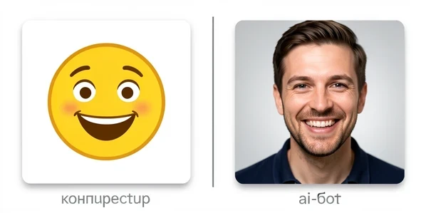 Two square Telegram channel avatar tiles sit side by side for comparison. The left tile shows a flat cartoon emoji sticker assembled in the native avatar constructor. The right tile shows a realistic portrait of a smiling speaker produced by an AI face-swap bot. A thin vertical line divides them, with small lowercase gray sans-serif captions reading 'конструктор' on the left and 'ai-бот' on the right. Soft, even studio lighting flattens both tiles uniformly. The atmosphere is clean, comparative, and editorial.