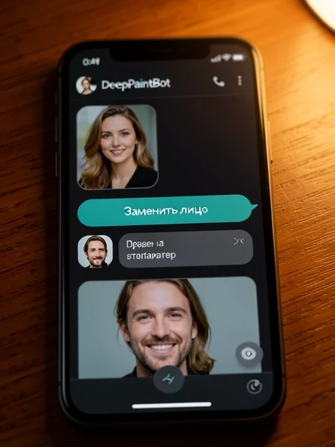 A Telegram chat with the DeepPaintBot conversation open shows an uploaded portrait photo, a tappable button bubble reading 'Заменить лицо', and a donor face photo sent below it. At the bottom a freshly generated result image appears with a faint progress spinner. The dark messenger background frames the bubbles. Warm screen light glows from the phone display onto the edge of a wooden table, soft and angled from the upper right. The mood is hands-on, practical, like a quick mobile walkthrough.