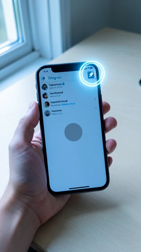 A smartphone held in one hand displays a Telegram group information screen. A bright glowing ring highlights the pencil edit icon in the top right corner, and a second ring marks the round avatar placeholder below the group name and member count. The phone rests near a pale wooden desk. Soft diffused daylight enters from a window on the left, falling evenly across the glass and casting cool blue screen reflections on the fingertips. The atmosphere is calm, instructional, and focused.