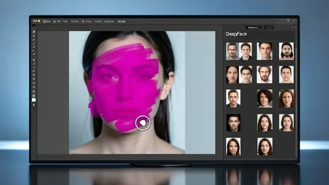 A desktop online photo editor shows an open portrait with a translucent magenta mask brushed over the entire face, deliberately extending across the hairline, both ears, and the chin. A circular brush cursor hovers mid-stroke at the jaw. A right-side panel labeled 'DeepFace' displays a small grid of selectable replacement faces. The interface uses a dark gray layout. A cool, even monitor glow lights the scene head-on, with a faint reflection on the glossy desk surface. The atmosphere is precise, technical, and concentrated.