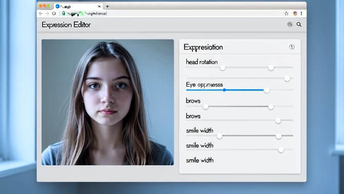A web browser window showing the Expression Editor interface on Hugging Face. A young woman's front-facing portrait fills the left preview pane while a vertical column of labeled sliders occupies the right panel, the controls reading 'head rotation', 'eye openness', 'brows' and 'smile width'. The setting is a clean light-gray application layout on a desktop monitor. Soft cool daylight from a side window falls evenly across the screen with no glare and crisp pixel-sharp text. Calm, instructional atmosphere.
