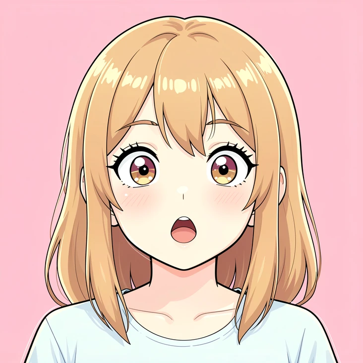 A flat-color anime character illustration of a teenage girl with a bright surprised expression, raised eyebrows and a small open mouth, as if an emotion has just been applied to her face. She faces forward against a simple pastel-pink studio background. Clean cel-shaded line art, glossy reflective eyes and soft gradient hair. Bright even diffuse lighting typical of digital 2D illustration, with gentle rim highlights along the hair. Cheerful, playful atmosphere.