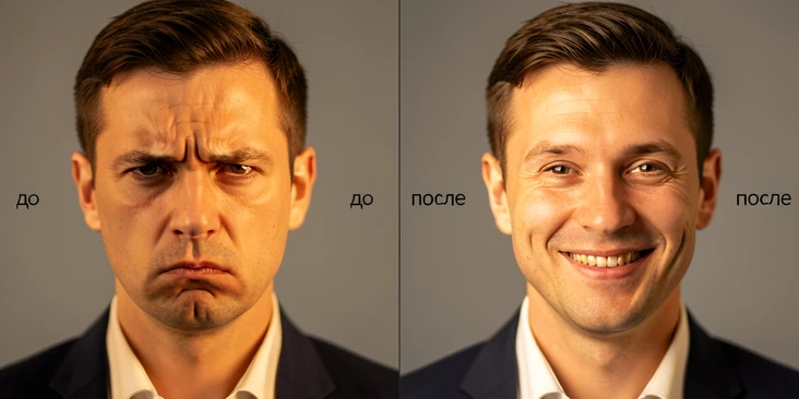 A side-by-side comparison of one man's corporate headshot. On the left half he wears a tense, tight-lipped expression; on the right half the same face shows a relaxed natural business smile. The setting is a neutral office-gray studio backdrop identical in both halves. A thin vertical divider splits the frame, with a small label 'до' over the left and 'после' over the right in dark lowercase sans-serif. Soft frontal key light, warm and almost shadowless, falls evenly on the skin. Professional, reassuring mood.