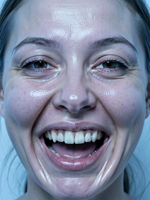 A close-up portrait of a woman whose AI-edited smile has been pushed too far, the mouth stretched unnaturally wide and the cheeks overinflated, producing a stiff plastic look. She faces the camera directly against a plain pale-blue background. Fine detail shows slightly waxy skin texture and overly even teeth. Flat cool overhead lighting with no soft shadows flattens the face further. Uncomfortable, cautionary atmosphere illustrating an over-processed result.