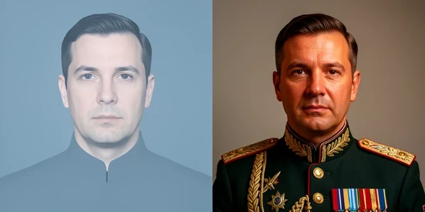 A side-by-side comparison of one man's face in two outputs. On the left, a flat template cut-out where the face is pasted into a uniform with slightly visible edges. On the right, an AI rendering of the same face naturally blended into a decorated dress uniform with realistic skin and fabric texture. Neutral studio backdrop behind both. Soft frontal studio light, cool flat tones on the left, warmer richer light on the right. Analytical photographic style.