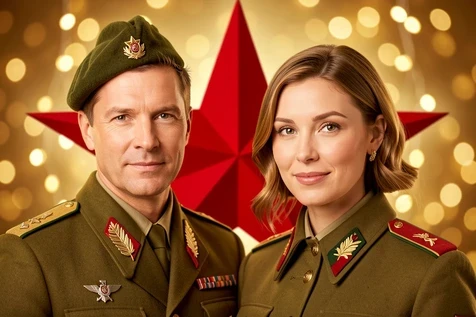 A finished paired holiday card featuring two separate faces, a man and a woman, blended into one festive scene. Both wear stylized military-themed attire and stand close together against a backdrop with a red star and soft bokeh lights. The result is generated from two individual portraits. Warm even golden light falls softly on both faces with balanced exposure and harmonious skin tones. Heartfelt celebratory editorial style.