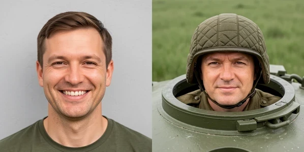 A split before-and-after composition of one man's face. On the left, a plain headshot of a smiling man against a light gray wall. On the right, the same face placed into a military tank-crew template, wearing a Soviet-style padded helmet and uniform, peering from an open tank hatch in a muted green field. Soft even daylight from the front, gentle shadows, warm natural skin tone. Clean realistic editorial style.