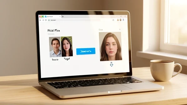 A laptop screen showing the Pica AI face-swap web interface mid-process, two uploaded photo thumbnails on the left labeled source and target, a bright blue button reading "Заменить" in the center, and a finished swapped portrait previewed on the right with a small download arrow. The browser window sits on a light wooden desk beside a coffee cup. Soft morning daylight enters from a window on the right, grazing the screen at a low angle, warm neutral temperature, gentle reflections on the glossy display. Calm instructional tutorial atmosphere.