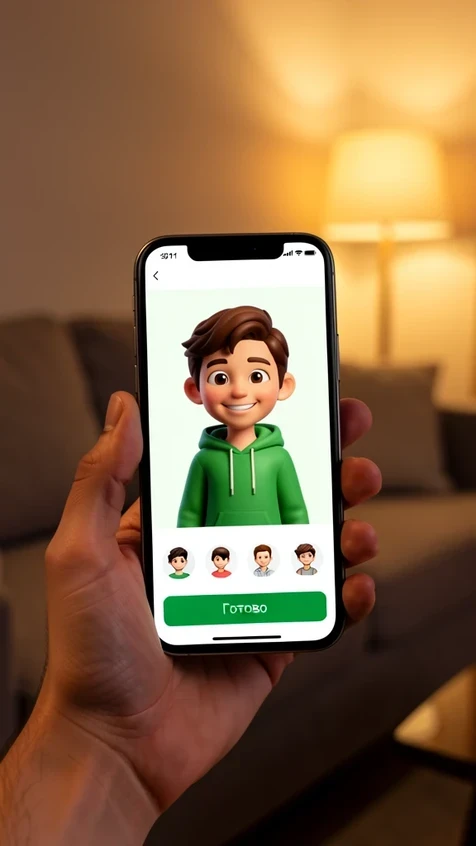 A smartphone held upright in one hand displaying the WhatsApp avatar constructor, a cartoon 3D character of a smiling young person with brown hair and a green hoodie centered on the screen, small customization icons for hairstyle and clothing along the bottom edge and a green button reading "Готово". The phone is held against a softly blurred living-room background with a sofa. Warm indoor lamplight from the upper right glows on the screen and the person's hand, cozy relaxed evening atmosphere.