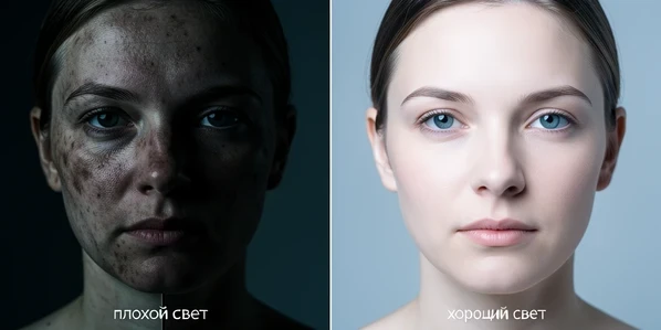 A side-by-side comparison of the same face-swap result, the left half rendered from a dim harshly side-lit source photo with muddy uneven skin tone and a visible seam along the jaw, the right half from a bright front-lit source photo with smooth even skin and a clean invisible blend. A thin vertical divider splits the halves, with small white lowercase sans-serif labels reading "плохой свет" on the left and "хороший свет" on the right. Even soft studio lighting across both, neutral cool temperature, analytical instructional mood.
