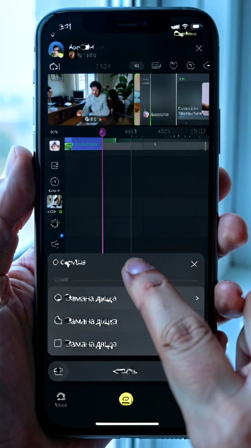 A smartphone held upright in one hand, screen filling the frame with the CapCut mobile editor open. A video clip sits selected on the timeline while the user taps the «Стиль» button in the lower toolbar, revealing a scrollable panel where the option «Замена лица» is highlighted in white text on a dark grey background. Soft cool daylight from a side window falls across the glossy display and reflects faintly on the glass. Focused, instructional mood.