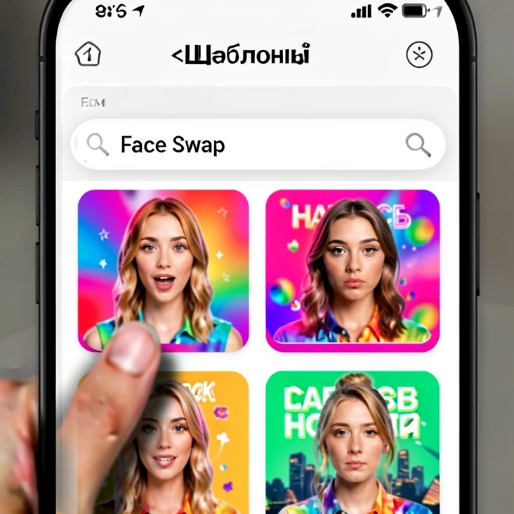 A close cropped view of the CapCut «Шаблоны» tab on a phone screen, showing the search field with «Face Swap» typed inside it and a two-by-two grid of colorful face-swap template thumbnails beneath. A fingertip hovers just above the top-left template. Bright neutral screen glow lights the interface from the front, casting a soft small shadow under the hovering finger. Compact, tappable, trend-browsing feel.