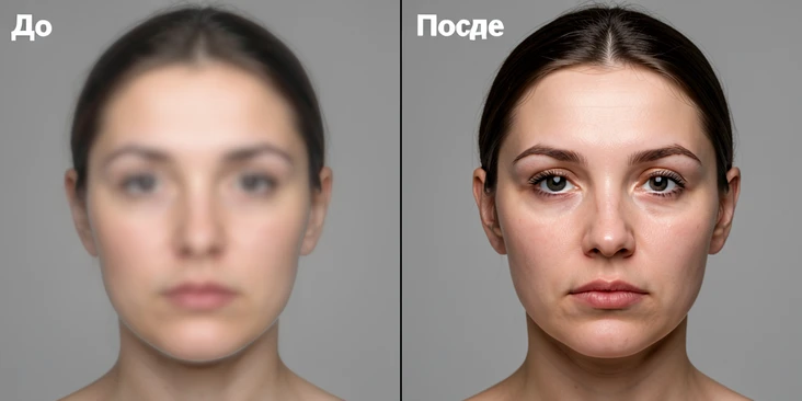 A side-by-side comparison of two face-swap results made from the same portrait. On the left, a blurry overexposed reference produces a flat pasted-on face with mismatched skin tone and a hard edge; on the right, a sharp evenly lit reference yields a naturally blended face. A thin vertical line splits the frame, with small bold white sans-serif labels «До» in the top-left corner and «После» in the top-right corner. Even soft studio lighting, plain neutral grey background, clinical comparison style.