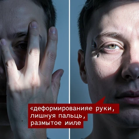A close-up AI portrait flagged for correction, the left side showing a hand with one extra finger and a slightly blurred cheek, the right side the same shot cleaned up and sharp. A red callout box holds the lowercase white monospace negative prompt «деформированные руки, лишние пальцы, размытое лицо». Tight framing on the hand and face. Hard directional light from the right rakes across the deformity, casting cool shadows over a clinical neutral background.