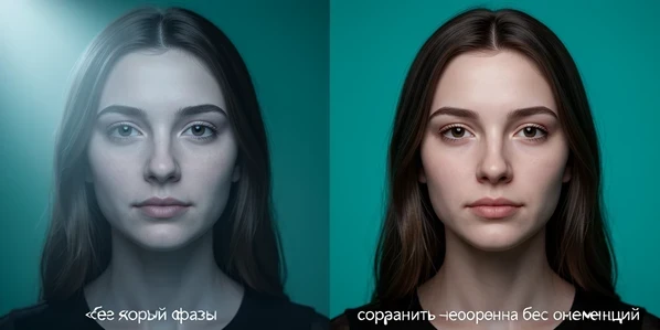 A split-frame comparison of one young woman's AI portrait, the left half showing a render where her facial features drifted into a stranger's face, the right half showing the same render with her own features faithfully kept. She faces the camera directly in a stylized studio with a teal backdrop. Small lowercase white sans-serif labels read «без якорной фразы» over the left and «сохранить человека без изменений» over the right. Soft diffused key light falls from the upper left at a cool neutral temperature, spreading evenly across both faces.