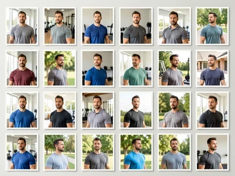 A neat four-by-five grid of twenty small personal training photos of the same man pinned on a light interface panel, each frame a different angle of front, three-quarter and profile, with changing clothes and shifting indoor and outdoor backgrounds. Even soft daylight covers every frame at a neutral white balance, keeping focus crisp so the same facial features stay recognizable across all twenty shots.