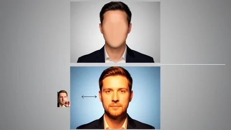 A two-step face swap workflow in two stacked panels, the upper panel a clean generated business portrait of a person in a dark blazer with a blank undefined face, the lower panel the same portrait now wearing the user's own donor face from a small inset selfie. A thin arrow links the selfie to the final result against a soft grey studio gradient. Warm soft frontal light wraps the final face, leaving gentle shadows under the jaw while a cool ambient fill sits behind for depth.