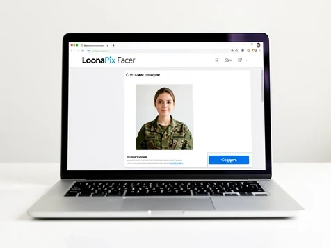 A laptop screen displaying the LoonaPix Facer page opened on the army costume category, a portrait photo being dropped into a soldier uniform template, with a blue button labelled «Создать» highlighted in the lower right corner. The laptop rests on a clean white desk. Even soft daylight falls from above with a neutral white balance, leaving crisp thin reflections along the top edge of the screen. Practical, focused how-to atmosphere.