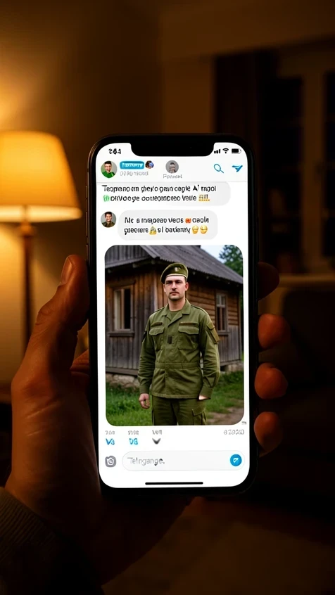 A smartphone held in one hand showing a Telegram chat with an AI image bot, a freshly generated photorealistic portrait of a man in plain military uniform standing beside a wooden house filling the chat bubble, with the typed prompt visible just above it. The scene is an indoor evening room. Warm lamp light spills from the upper left, low in temperature, glowing softly on the phone screen and the holder's fingers while the room behind stays dim. Intimate, personal mood.