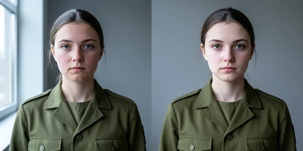 Two portrait photos side by side of the same young woman placed into a plain military uniform, the left image showing an obviously pasted face with mismatched skin tone and a flat template body, the right image showing a natural AI-rendered portrait where her features blend smoothly into the uniform. Both shots sit against a neutral grey studio wall. Soft frontal daylight enters from a large window on the left, cool and even in temperature, casting a faint shadow under the chin that exposes the visible seam on the left photo. Calm documentary comparison mood.