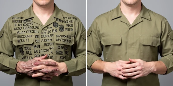 Two cropped torso shots of a man in plain military uniform side by side, the left one showing a malformed hand with extra fingers and a chest covered in garbled invented insignia and random letters, the right one showing clean correct hands and a neutral uniform with no badges. Plain studio backdrop in soft grey. Flat even softbox lighting from the front, neutral in temperature, removing harsh shadows so the difference in the hands and patches reads clearly. Technical, instructive mood.