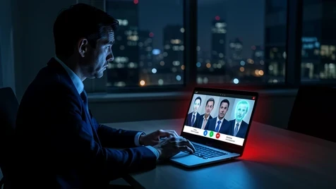 A worried office worker sits at a desk staring at a laptop showing a video call with several executives whose faces carry a faint unnatural digital shimmer marking them as deepfakes. The worker's hand hovers over a keyboard about to confirm a large transfer. Set in a dim corporate meeting room at night with city lights blurred through a window behind. A subtle red error glow leaks from the screen. Lighting comes mainly from the cold blue laptop glow hitting the worker's face from below, harsh and clinical, leaving long shadows across the room for a tense uneasy mood.