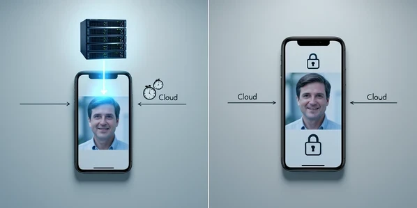 A split diagram contrasting two data paths for a face photo. On the left a smartphone sends a glowing photo upward through a network line to a distant server rack labeled "Cloud", with small clock icons hinting at storage time. On the right the same smartphone keeps the photo enclosed inside its own screen with a closed-lock icon and the photo never leaving the device outline. Set against a clean neutral studio backdrop. Thin labeled arrows and minimal iconography. Cool even diffused lighting from above, soft shadows falling straight down on a matte surface, slightly cool color temperature giving a technical editorial feel.