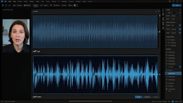 Two stacked audio waveforms on a video-editor timeline, the upper one flat and mechanically regular labeled "синтез" in small grey text, the lower one rich and varied labeled "свой голос" in small grey text, with a talking-head avatar thumbnail docked at the left edge. Set inside a dark editing interface. Cool monitor light, low and even, with faint blue accents glowing from the waveforms. Technical, comparative, quiet workspace atmosphere.