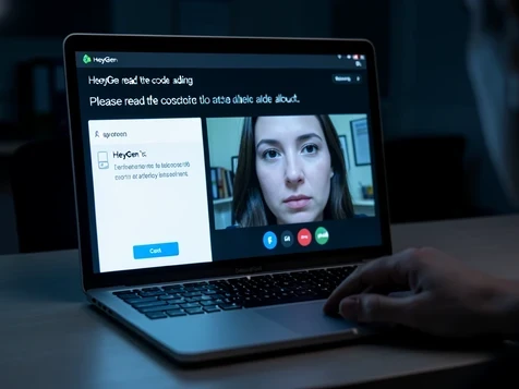 A laptop screen showing HeyGen's consent-recording step, a webcam preview of a woman looking into the camera, and an on-screen instruction line reading "Please read the code aloud" in white sans-serif text on a dark panel near the top. Set on a desk with the woman's hand near the trackpad. Cool screen glow lighting her face from the front, soft and even, with the room dim behind. Tense but clear, security-checkpoint atmosphere.