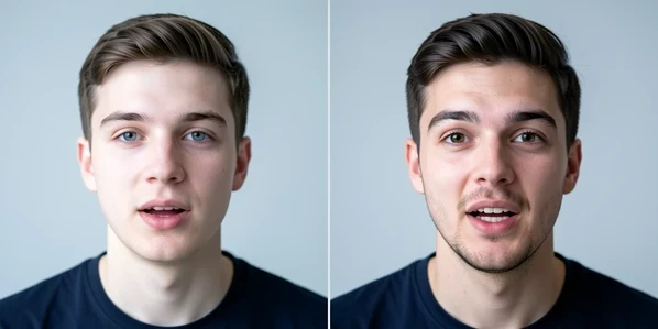 A split-screen comparison of two AI talking-head avatars of the same young man, his calmer photo-based version on the left and his lively video-based double on the right, both facing the camera mid-speech. Set against a clean neutral studio backdrop. Subtle differences show in eye liveliness and lip detail. Soft diffused key light from the front-left, cool daylight temperature, falling evenly across both faces with gentle shadows under the jaw. Clean editorial atmosphere.