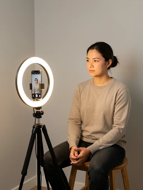 A person sitting upright on a stool facing a smartphone mounted on a tripod, framed from chest up at arm's length, recording a clip for an AI avatar. Set in a tidy home corner with a plain light-grey wall behind. A ring light glows just off-camera. Even soft frontal light, warm-neutral temperature, wrapping the face without harsh shadows and leaving the background clean. Calm, focused, instructional atmosphere.