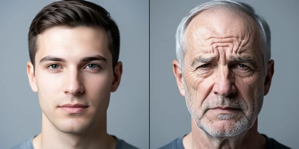 A split-frame portrait of the same young man, the left half showing his smooth face in his early thirties and the right half showing an aged version with deep forehead creases, grey stubble and a softened jawline. The two halves meet along a clean vertical seam down the center against a neutral grey studio backdrop. Soft diffused key light falls from the upper left at a cool daylight temperature, sculpting gentle shadows into the wrinkles on the right half. Calm, clinical demonstration mood.