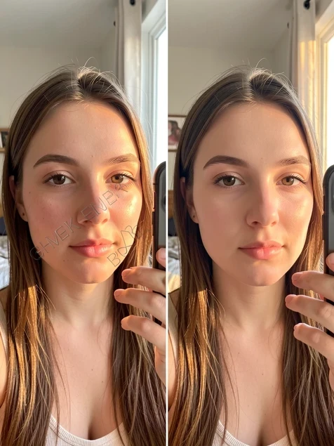 A young woman holding her phone up for a selfie, shown as two side-by-side versions of the same shot: the left stamped with a faint diagonal watermark across her cheek, the right clean with naturally smoothed skin and gently brightened eyes. Bright window light enters from the right, warm and soft, falling across her face and leaving a gentle highlight on one cheekbone. A casual bedroom blurs behind her. Honest, everyday beauty-app atmosphere.