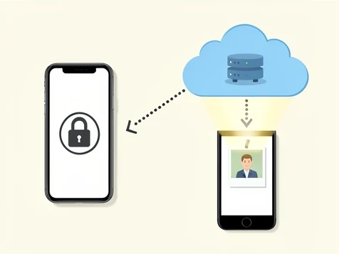 A clean infographic contrasting two photo-processing paths: a smartphone on the left with a closed-lock icon keeping the image on the device, and a phone on the right beaming a glowing photo upward to a distant cloud server. A dotted arrow links the right phone to the cloud while a solid loop stays on the left phone. Flat editorial illustration on a pale background. Even, soft frontal lighting with no harsh shadows. Informative, reassuring tone.